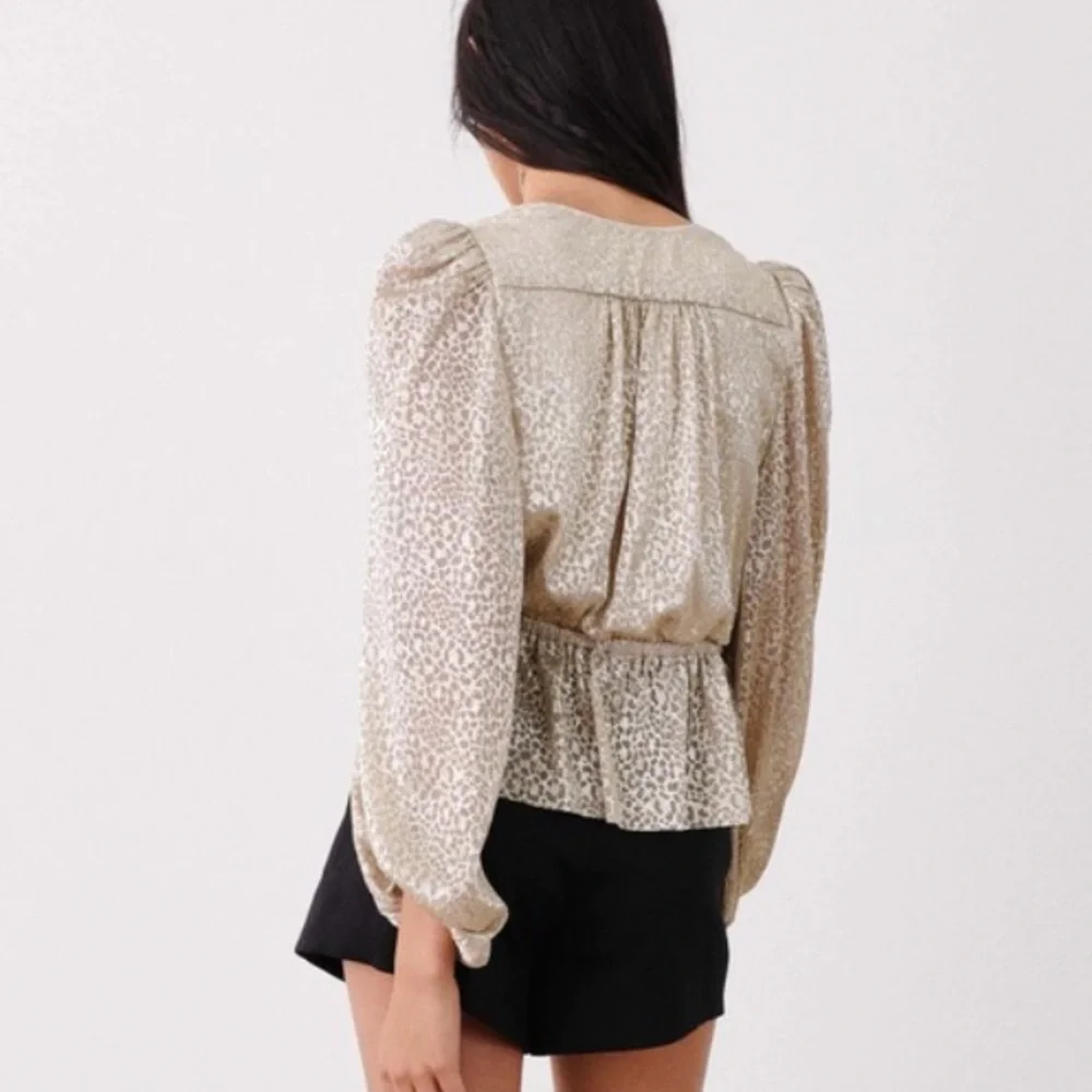 Ba&sh Caitlin gold metallic vneck peplum elastic cuff & waist 2 shirt/blouse